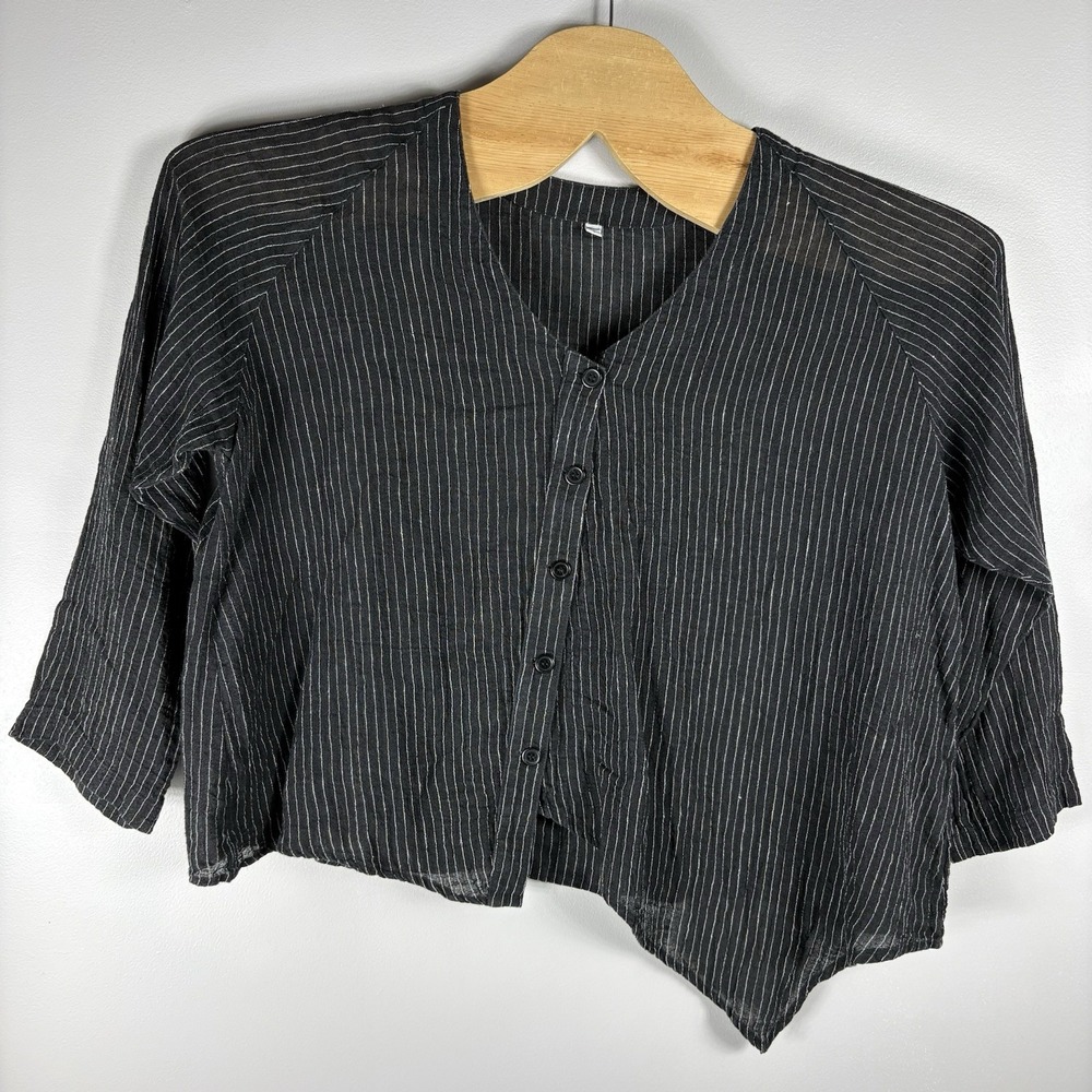 Unbranded Women's 1‎ Black White Striped Linen Button Front Asymmetrical Top